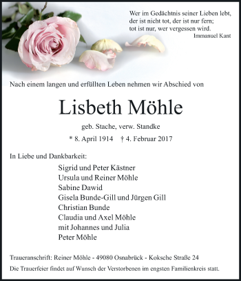 Traueranzeige von Lisbeth Möhle von Neue Osnabrücker Zeitung GmbH & Co. KG