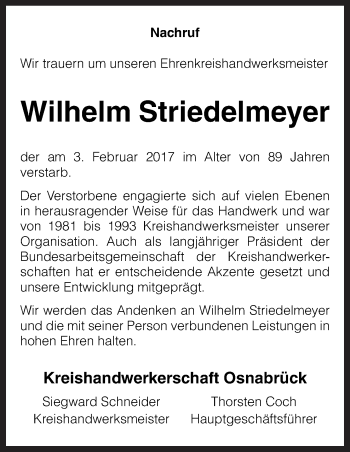 Traueranzeige von Wilhelm Striedelmeyer von Neue Osnabrücker Zeitung GmbH & Co. KG