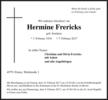 Traueranzeige von Hermine Frericks von Neue Osnabrücker Zeitung GmbH & Co. KG