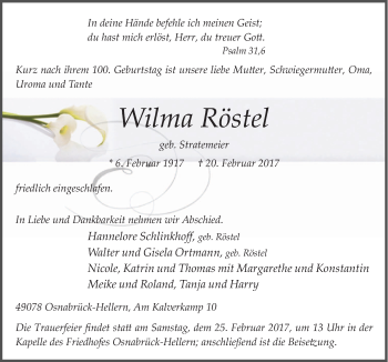 Traueranzeige von Wilma Röstel von Neue Osnabrücker Zeitung GmbH & Co. KG