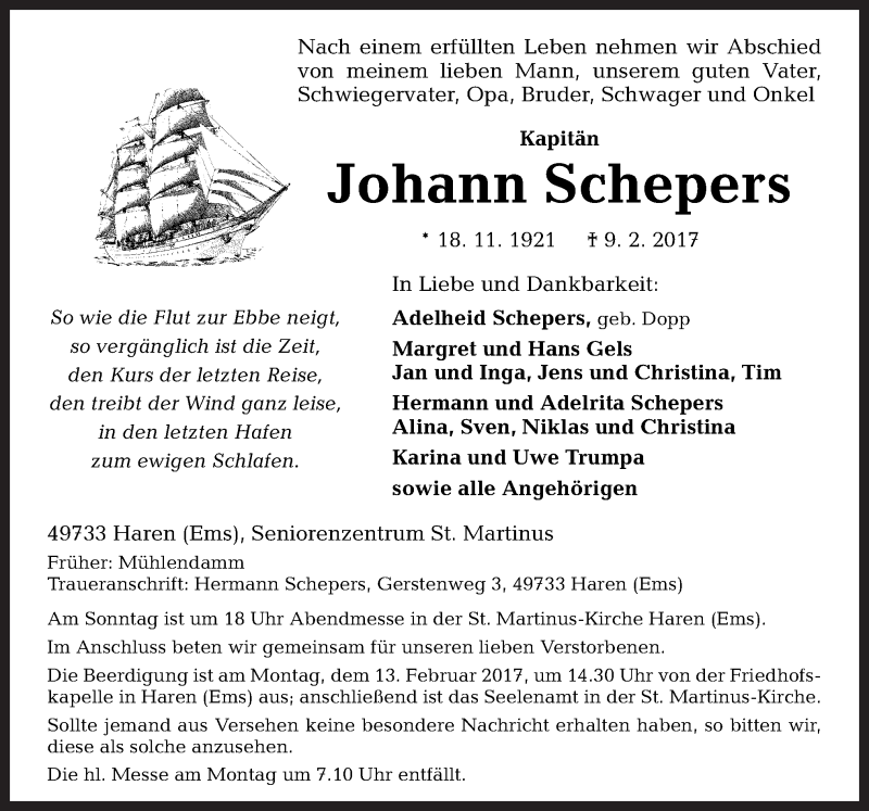  Traueranzeige für Johann Schepers vom 11.02.2017 aus Neue Osnabrücker Zeitung GmbH & Co. KG