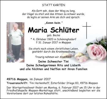 Traueranzeige von Maria Schläfer von Neue Osnabrücker Zeitung GmbH & Co. KG
