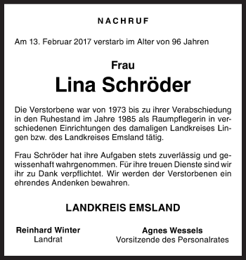 Traueranzeige von Lina Schröder von Neue Osnabrücker Zeitung GmbH & Co. KG