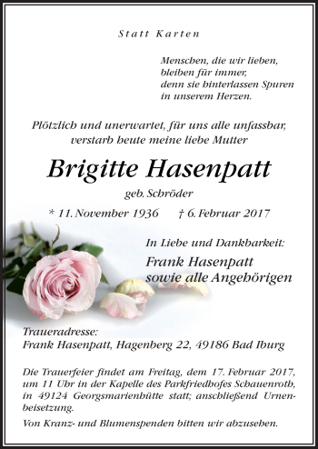 Traueranzeige von Brigitte Hasenpatt von Neue Osnabrücker Zeitung GmbH & Co. KG