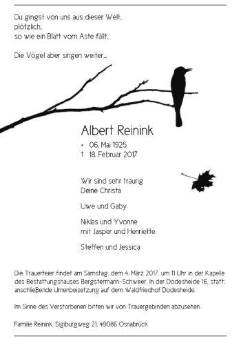 Traueranzeige von Albert Reinink von Neue Osnabrücker Zeitung GmbH & Co. KG
