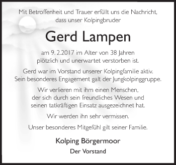 Traueranzeige von Gerd Lampen von Neue Osnabrücker Zeitung GmbH & Co. KG