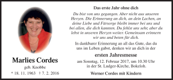 Traueranzeige von Marlies Cordes von Neue Osnabrücker Zeitung GmbH & Co. KG