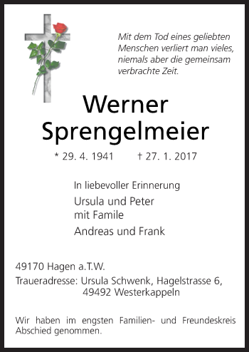Traueranzeige von Werner Sprengelmeier von Neue Osnabrücker Zeitung GmbH & Co. KG