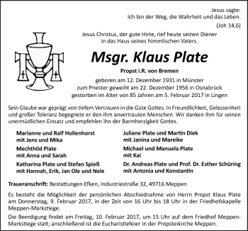 Traueranzeige von Klaus Plate von Neue Osnabrücker Zeitung GmbH & Co. KG