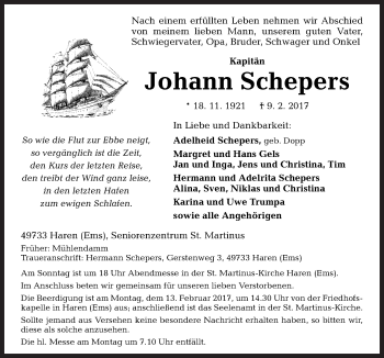 Traueranzeige von Johann Schepers von Neue Osnabrücker Zeitung GmbH & Co. KG