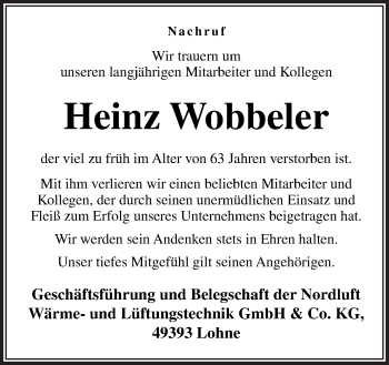 Traueranzeige von Heinz Wobbeler von Neue Osnabrücker Zeitung GmbH & Co. KG