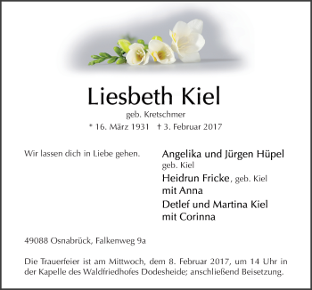 Traueranzeige von Liesbeth Kiel von Neue Osnabrücker Zeitung GmbH & Co. KG