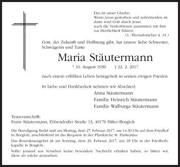 Traueranzeige von Maria Stäutermann von Neue Osnabrücker Zeitung GmbH & Co. KG