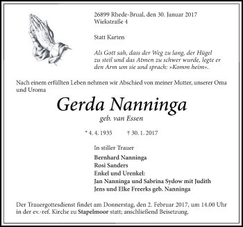 Traueranzeige von Gerda Nanninga von Neue Osnabrücker Zeitung GmbH & Co. KG