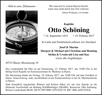 Traueranzeige von Otto Schöning von Neue Osnabrücker Zeitung GmbH & Co. KG