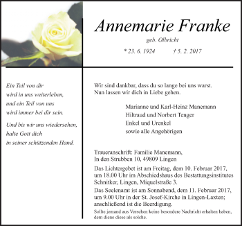 Traueranzeige von Annemarie Franke von Neue Osnabrücker Zeitung GmbH & Co. KG