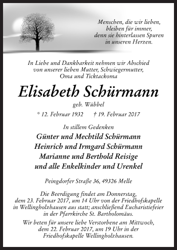 Traueranzeige von Elisabeth Schürmann von Neue Osnabrücker Zeitung GmbH & Co. KG