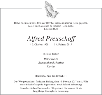 Traueranzeige von Alfred Preuschoff von Neue Osnabrücker Zeitung GmbH & Co. KG