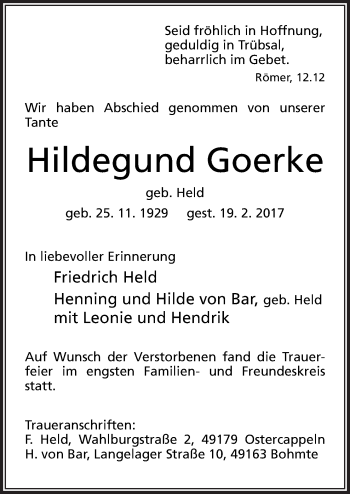 Traueranzeige von Hildegund Goerke von Neue Osnabrücker Zeitung GmbH & Co. KG