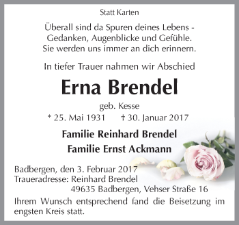 Traueranzeige von Erna Brendel von Neue Osnabrücker Zeitung GmbH & Co. KG