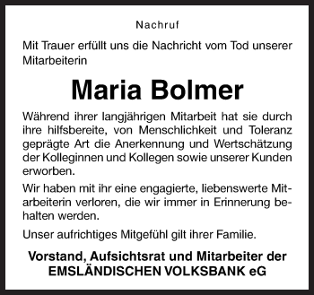 Traueranzeige von Maria Bolmer von Neue Osnabrücker Zeitung GmbH & Co. KG