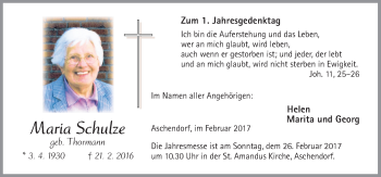 Traueranzeige von Maria Schulze von Neue Osnabrücker Zeitung GmbH & Co. KG