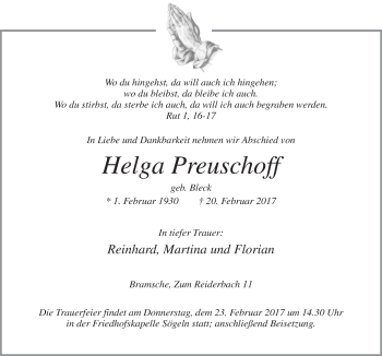 Traueranzeige von Helga Preuschoff von Neue Osnabrücker Zeitung GmbH & Co. KG