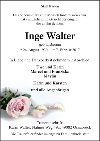Traueranzeige von Inge Walter von Neue Osnabrücker Zeitung GmbH & Co. KG