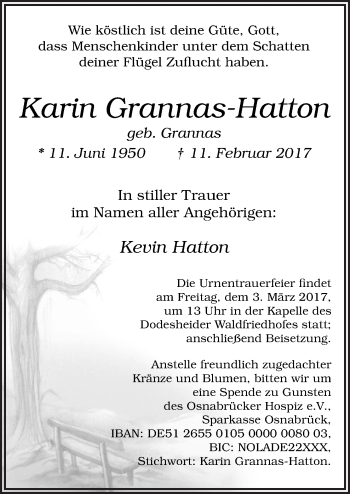 Traueranzeige von Karin Grannas-Hatton von Neue Osnabrücker Zeitung GmbH & Co. KG