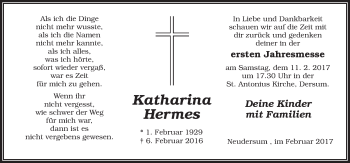 Traueranzeige von Katharina Hermes von Neue Osnabrücker Zeitung GmbH & Co. KG