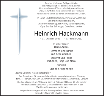 Traueranzeige von Heinrich Hackmann von Neue Osnabrücker Zeitung GmbH & Co. KG