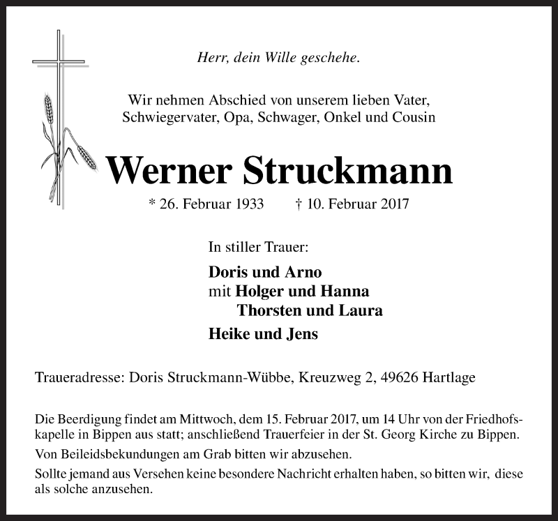  Traueranzeige für Werner Struckmann vom 13.02.2017 aus Neue Osnabrücker Zeitung GmbH & Co. KG