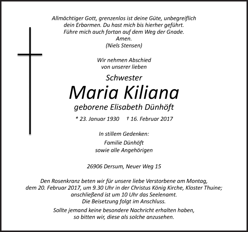  Traueranzeige für Maria Kiliana vom 18.02.2017 aus Neue Osnabrücker Zeitung GmbH & Co. KG