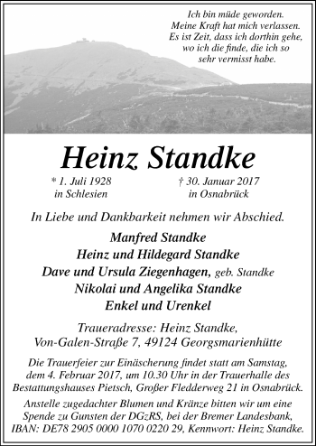 Traueranzeige von Heinz Standke von Neue Osnabrücker Zeitung GmbH & Co. KG