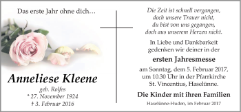 Traueranzeige von Anneliese Kleene von Neue Osnabrücker Zeitung GmbH & Co. KG