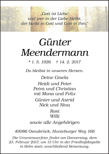 Traueranzeige von Günter Meendermann von Neue Osnabrücker Zeitung GmbH & Co. KG