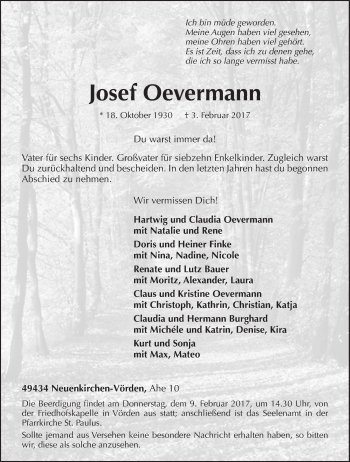 Traueranzeige von Josef Oevermann von Neue Osnabrücker Zeitung GmbH & Co. KG