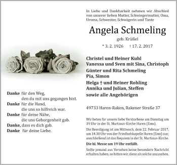 Traueranzeige von Angela Schmeling von Neue Osnabrücker Zeitung GmbH & Co. KG