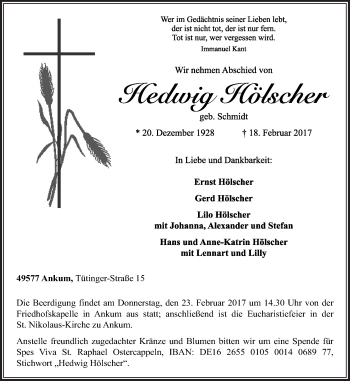 Traueranzeige von Hedwig Hölscher von Neue Osnabrücker Zeitung GmbH & Co. KG