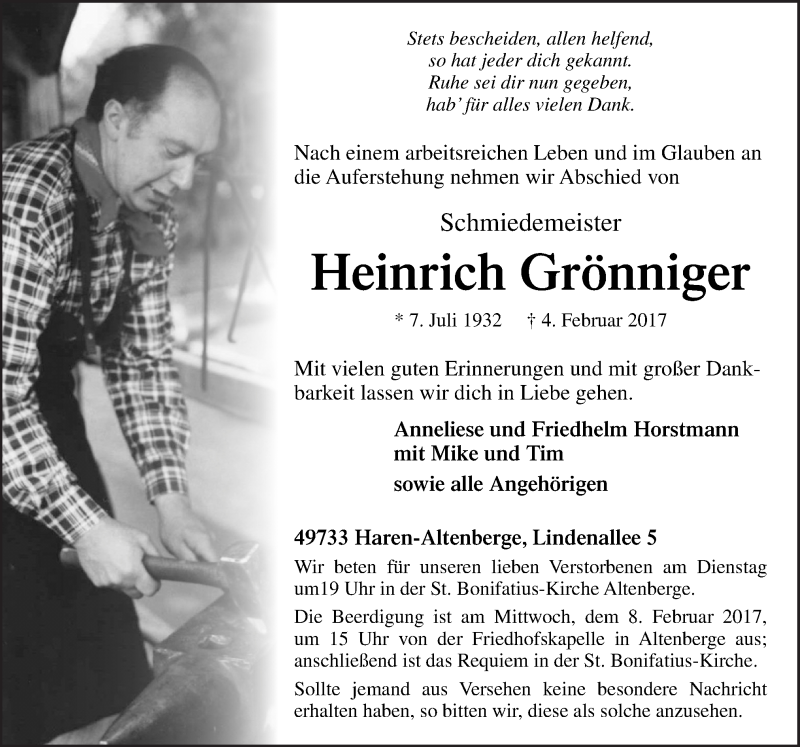  Traueranzeige für Heinrich Grönniger vom 06.02.2017 aus Neue Osnabrücker Zeitung GmbH & Co. KG