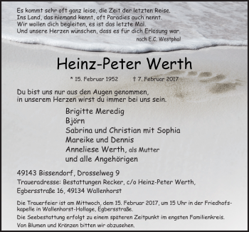 Traueranzeige von Heinz-Peter Werth von Neue Osnabrücker Zeitung GmbH & Co. KG