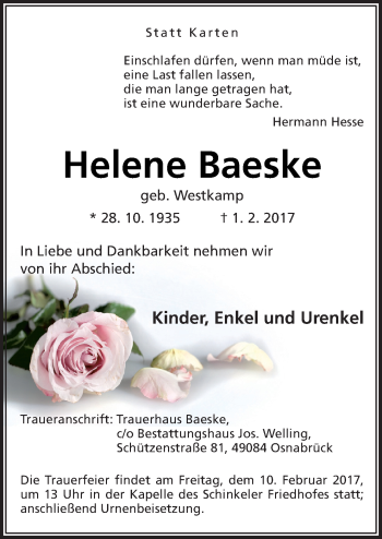 Traueranzeige von Helene Baeske von Neue Osnabrücker Zeitung GmbH & Co. KG