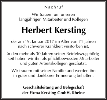 Traueranzeige von Herbert Kersting von Neue Osnabrücker Zeitung GmbH & Co. KG