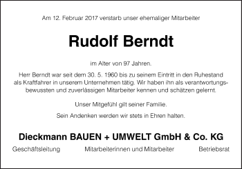 Traueranzeige von Rudolf Berndt von Neue Osnabrücker Zeitung GmbH & Co. KG
