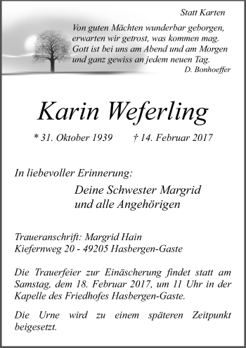 Traueranzeige von Karin Weferling von Neue Osnabrücker Zeitung GmbH & Co. KG