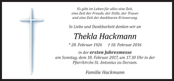 Traueranzeige von Thekla Hackmann von Neue Osnabrücker Zeitung GmbH & Co. KG
