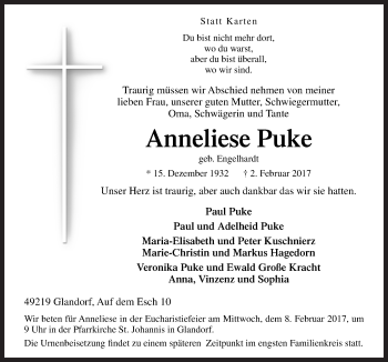 Traueranzeige von Anneliese Puke von Neue Osnabrücker Zeitung GmbH & Co. KG