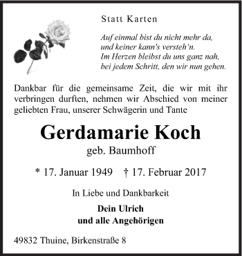 Traueranzeige von Gerdamarie Koch von Neue Osnabrücker Zeitung GmbH & Co. KG