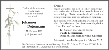 Traueranzeige von Johannes Determann von Neue Osnabrücker Zeitung GmbH & Co. KG