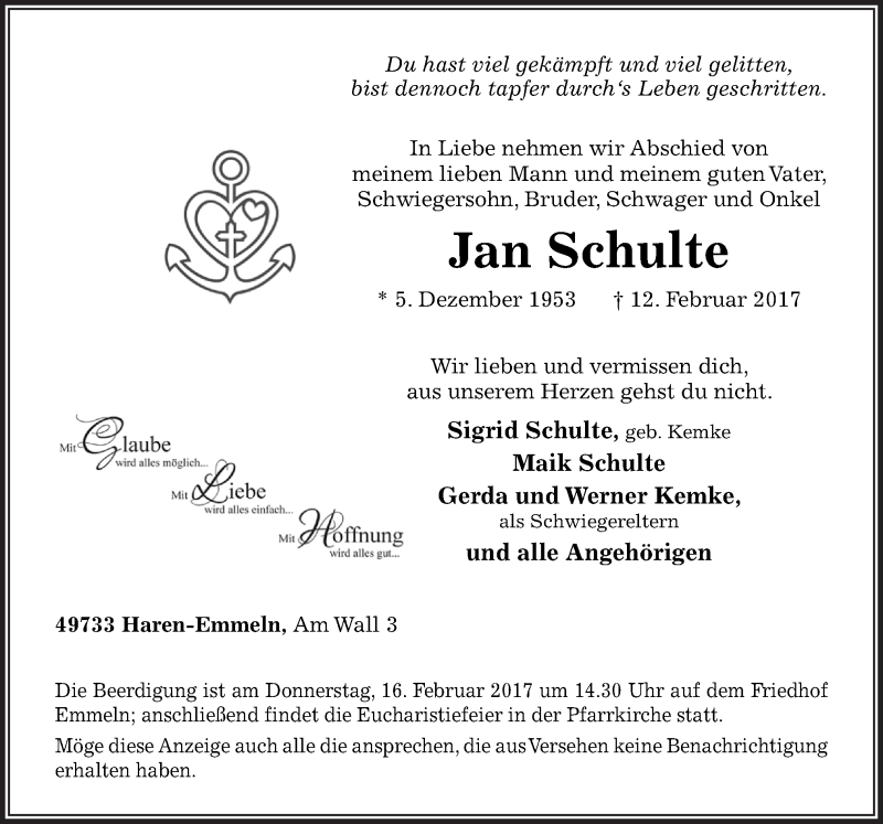 Traueranzeige für Jan Schulte vom 14.02.2017 aus Neue Osnabrücker Zeitung GmbH & Co. KG